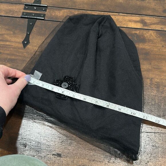 Plu Pluslavie Women's Embellished Cross Tulle Overlay Beanie Hat Black OS - Picture 6 of 10